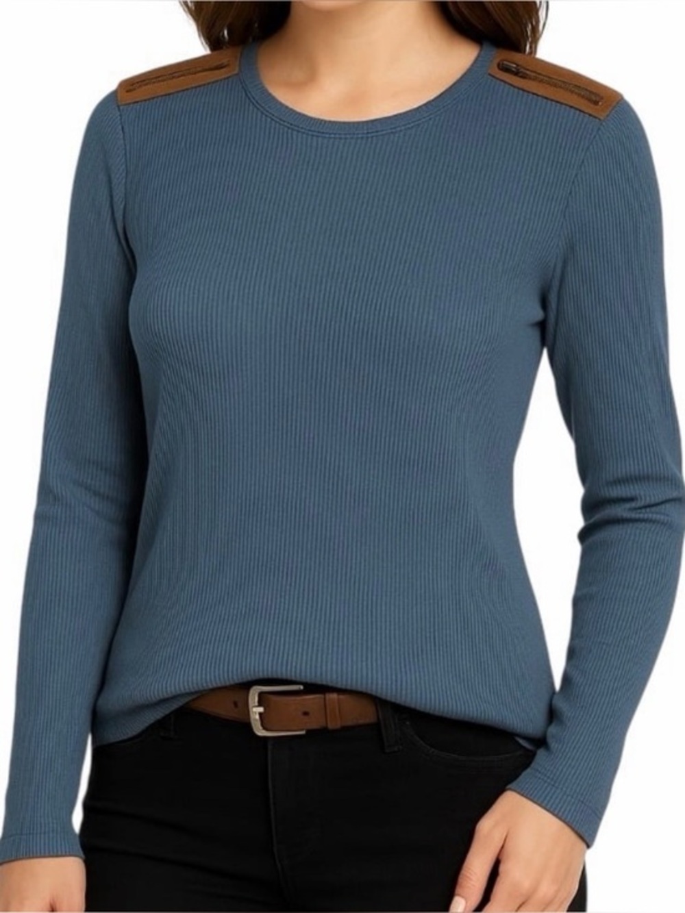 Lauren Ralph Lauren Ribbed Long-Sleeve Top in Navy Blue with Brown Accents
